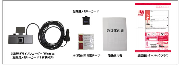 ドラdeカルテの診断用ドライブレコーダーセット内容(診断用ドライブレコーダー「Witness」本体 ×1台,映像記録用メモリーカード(CFカード) ×2枚,Wtness取付用両面テープ ×1セット,取扱案内書 ×1通,返送用レターパックプラス ×1通)